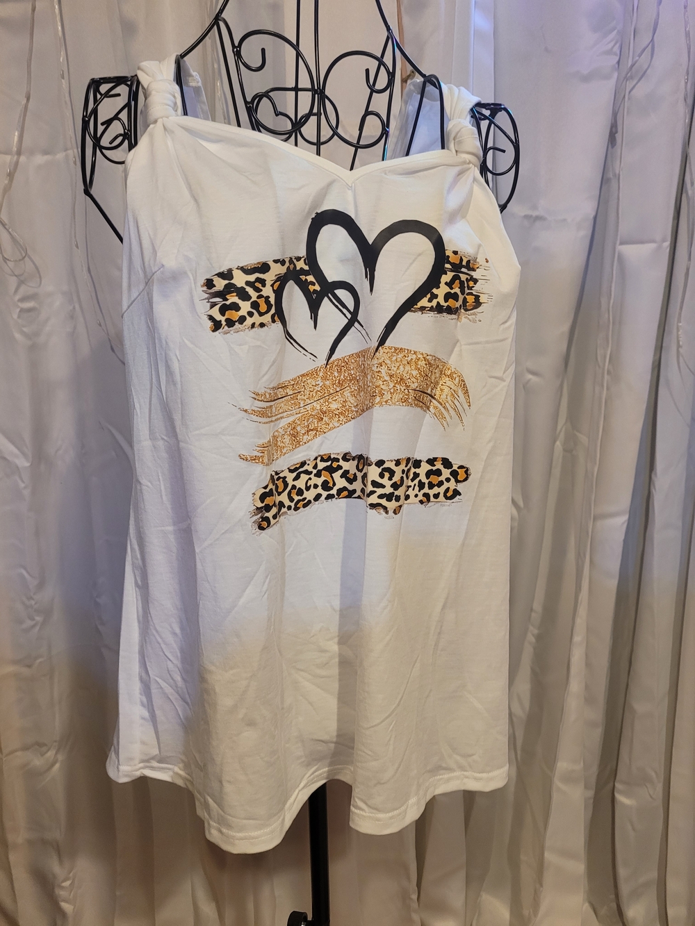 Amazon White Tank Top with Leopard and Gold Heart Graphic